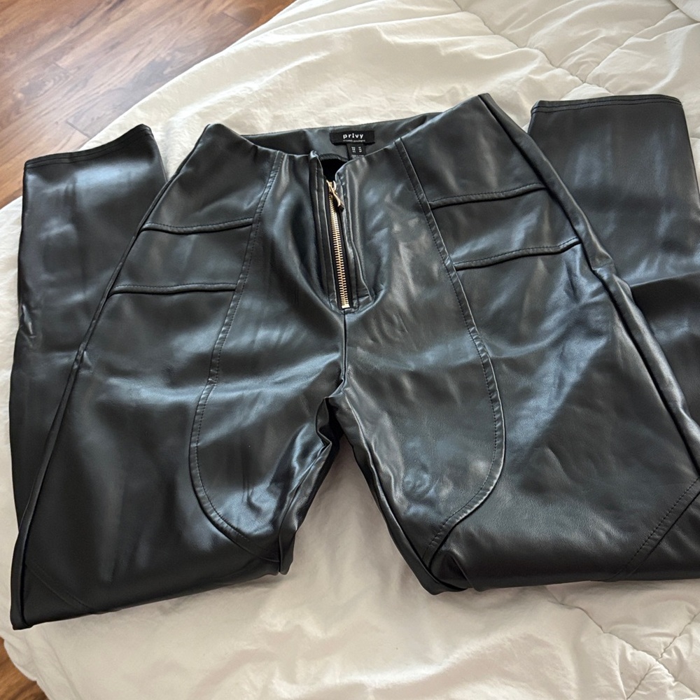 Privy Black Faux Leather Pants with Gold Zipper